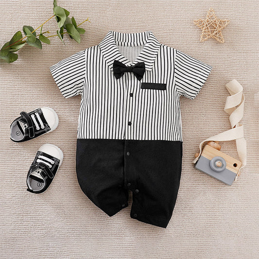Striped Gentleman Cotton Baby Jumpsuit – Short Sleeve, Single-Breasted
