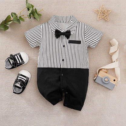 Striped Gentleman Cotton Baby Jumpsuit – Short Sleeve, Single-Breasted
