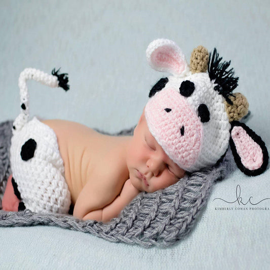 Hand-Knitted Cow Suit for Babies – Cozy Wool & Cotton Newborn Set