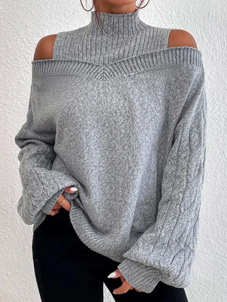 Off Shoulder Elegant High Neck Knitted Sweaters