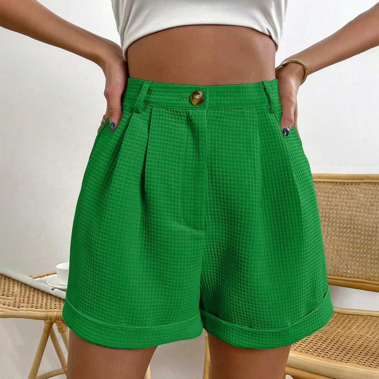 Casual Fashionable Solid Color Women’s Shorts – Three Quarter Length, Waist Button Buckle, Summer