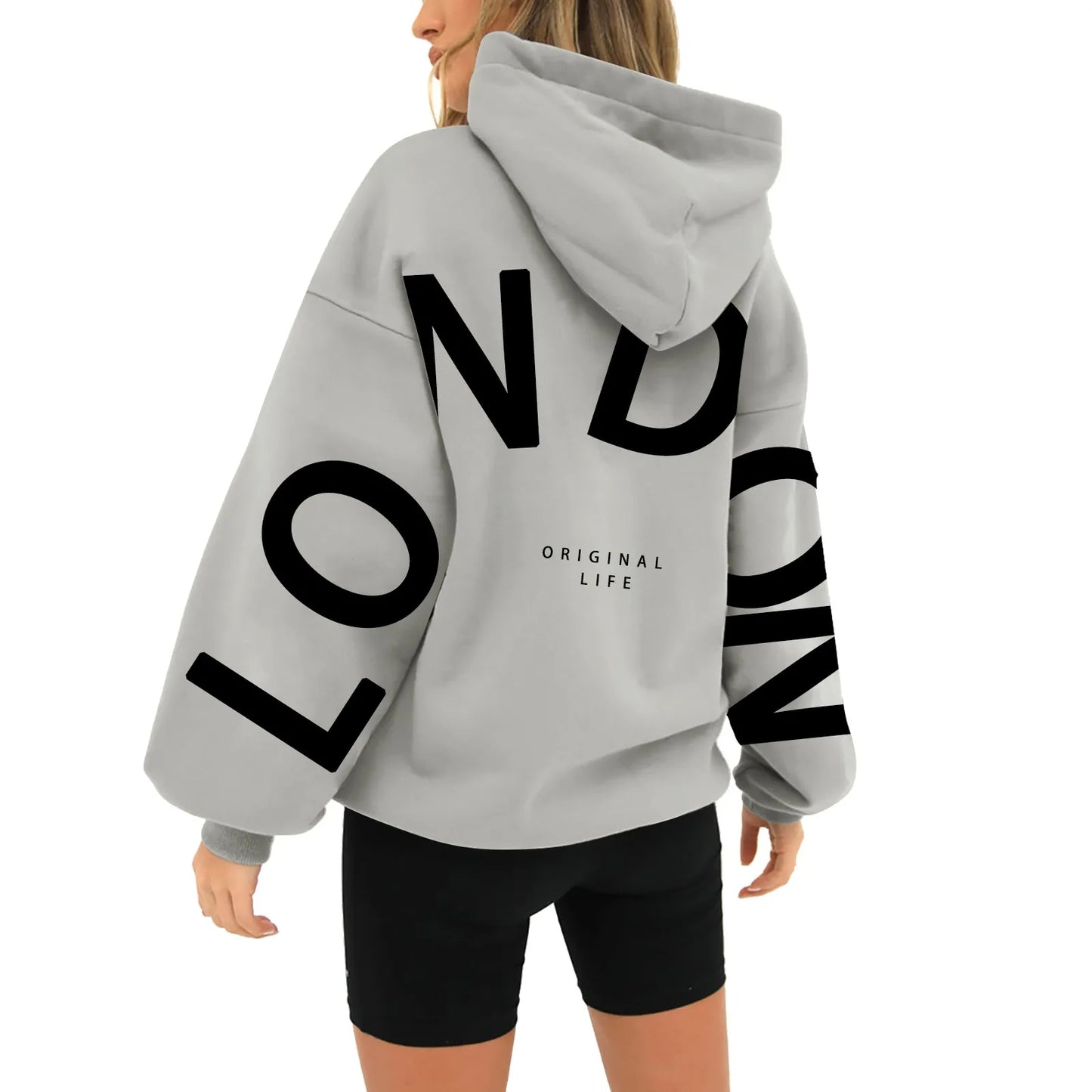 Women's Oversized Hooded Pullover – London Letter Print, Zip-Free, Casual Sweatshirt for Autumn & Winter