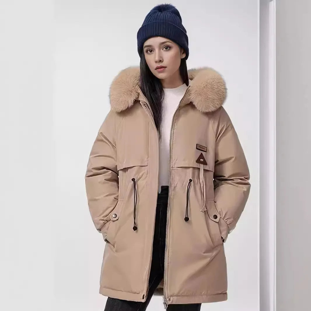 Women's Winter Parka Coat - Fur Collar, Hooded, Quilted & Wool Liner, Slim Fit, Lace-Up, 2025 Fashion