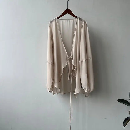 Women's V-Neck Loose Long Sleeve Shirt – Korean Style Lace-Up, Solid Summer Chiffon, Breathable & Minimalist