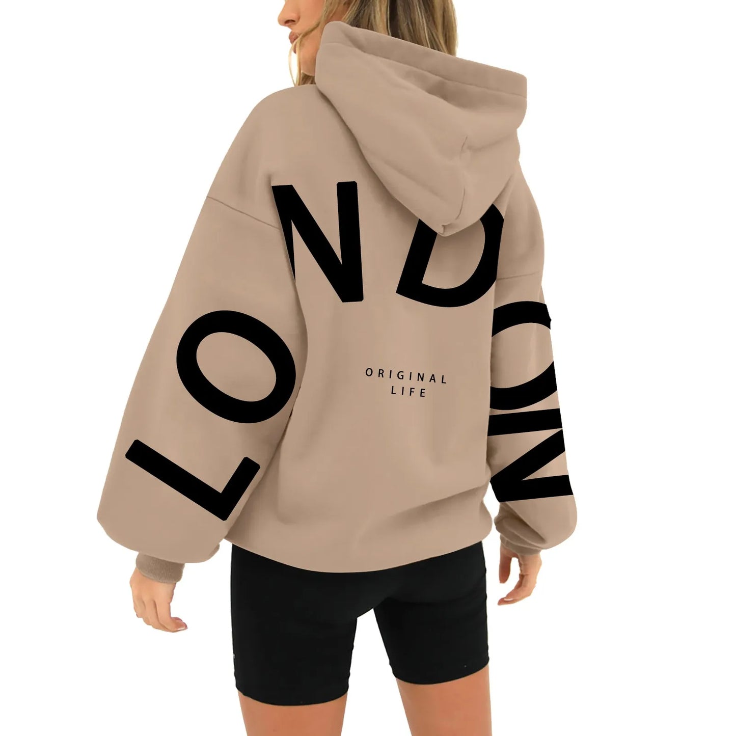 Women's Oversized Hooded Pullover – London Letter Print, Zip-Free, Casual Sweatshirt for Autumn & Winter