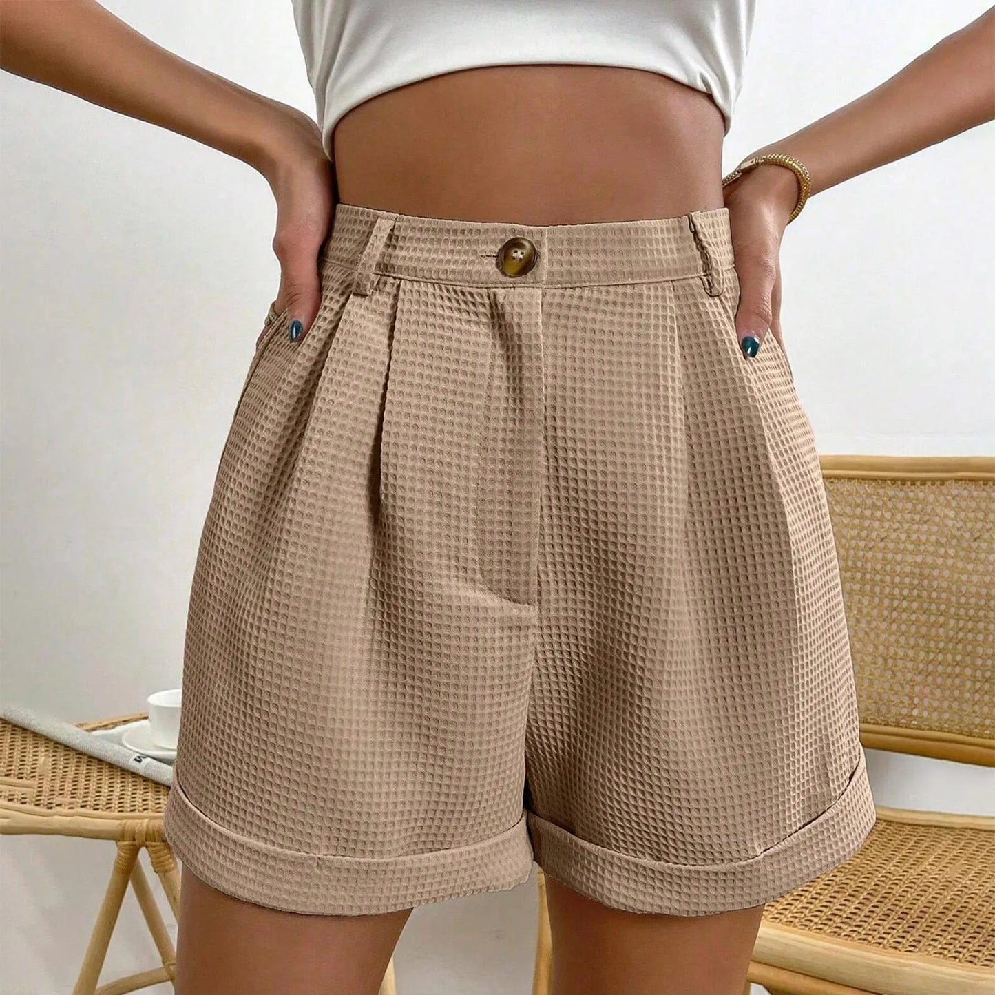 Casual Fashionable Solid Color Women’s Shorts – Three Quarter Length, Waist Button Buckle, Summer