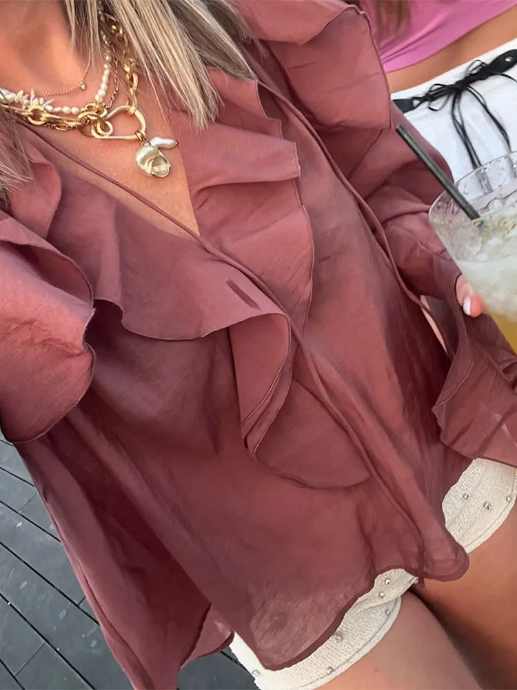 2025 Damen Casual Solid Volant Ärmel Bluse - Mode Lose Gaze Rüschen Schnürung V-Ausschnitt Frühling Street Top