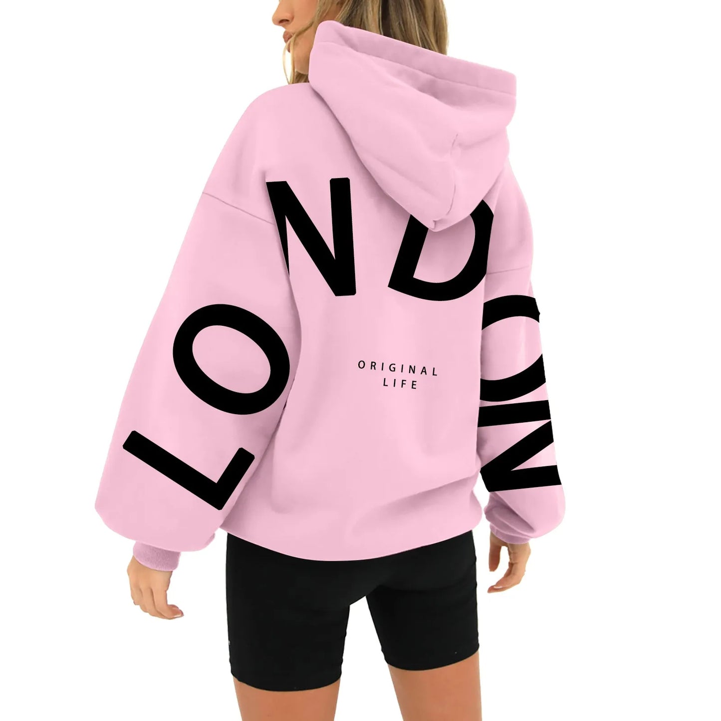 Women's Oversized Hooded Pullover – London Letter Print, Zip-Free, Casual Sweatshirt for Autumn & Winter