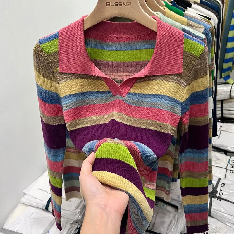 Women's Striped Polo Neck Shirt – Chic Long Sleeve Knit Top | Elegant Summer 2025 Cotton T-Shirt