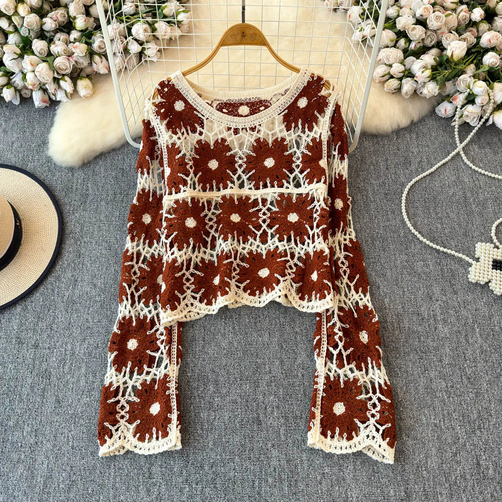 Sheer Open-Knit Crop Crochet Sweater