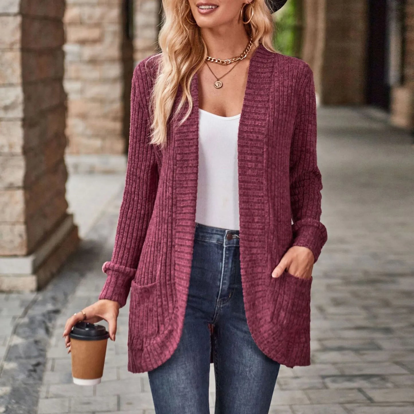 Women's Loose Knit Cardigan – Open Front, Long Sleeve, Cozy Crochet Sweater with Pockets