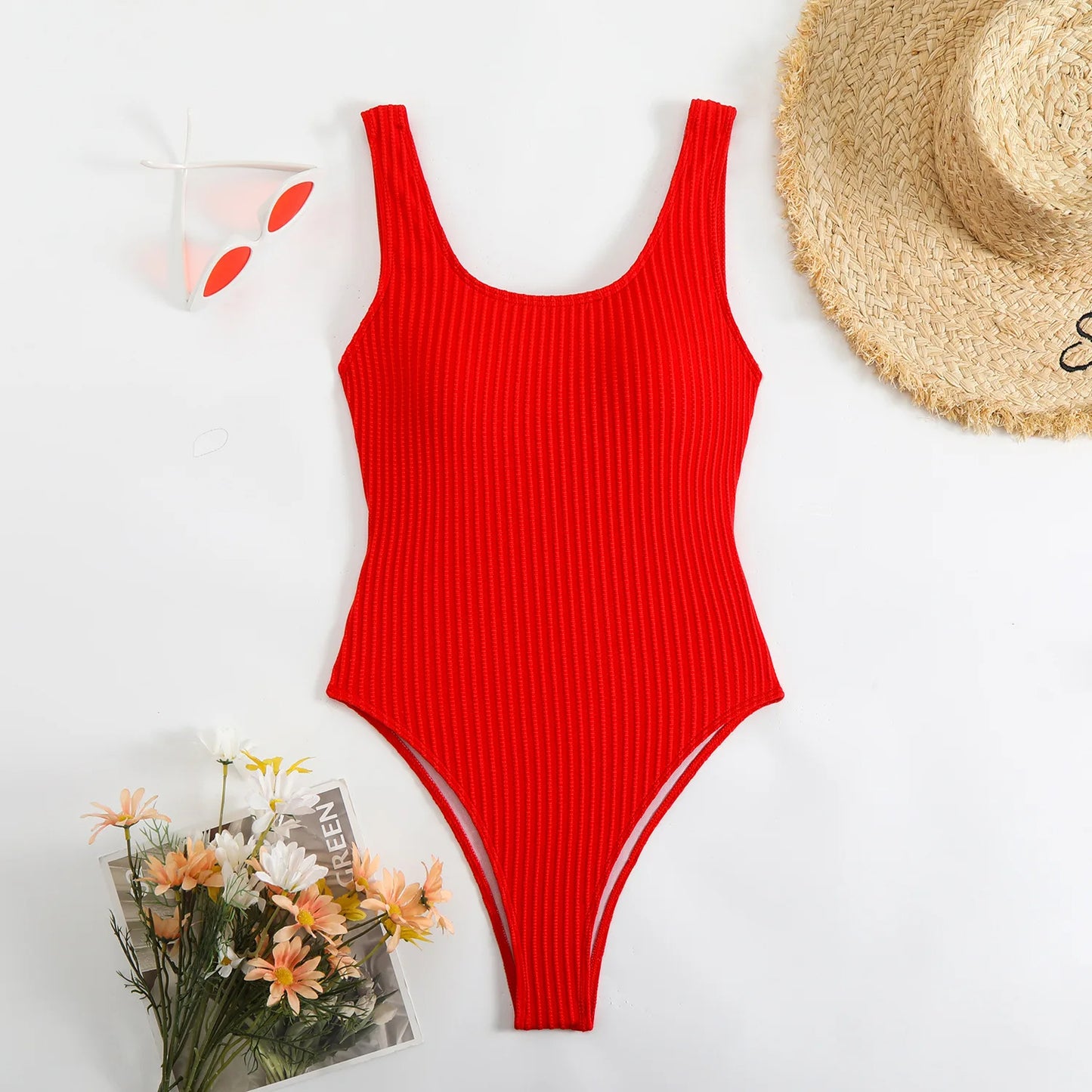 2025 Women’s Solid Red One-Piece Swimsuit – Slim Backless Monokini for Beach Vacation