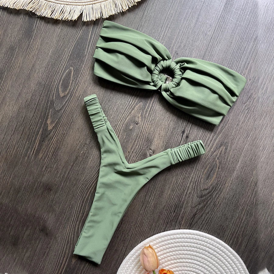 2025 Women’s Solid Green Thong Bikini – Sexy Bandeau Brazilian Swimsuit