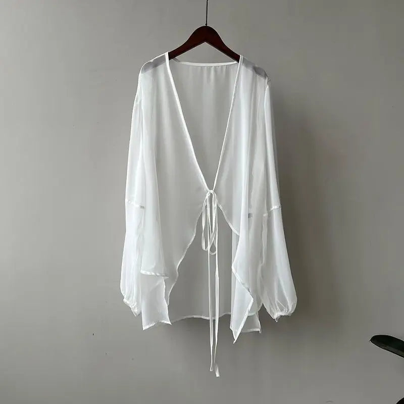 Women's V-Neck Loose Long Sleeve Shirt – Korean Style Lace-Up, Solid Summer Chiffon, Breathable & Minimalist