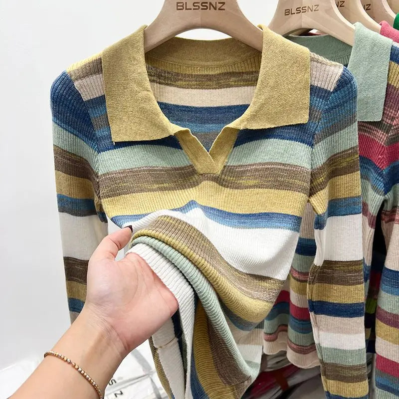 Women's Striped Polo Neck Shirt – Chic Long Sleeve Knit Top | Elegant Summer 2025 Cotton T-Shirt